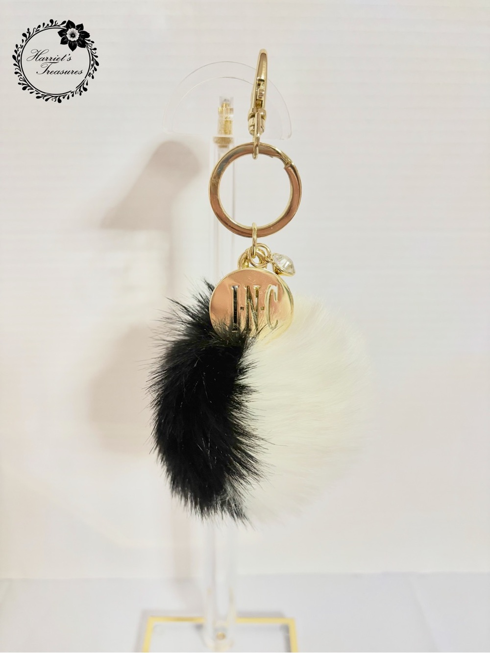 INC International Concepts Black & White Pom Pom Keychain